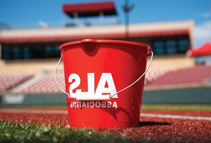 Photo of an ALS branded ice bucket on the turf of a baseball field